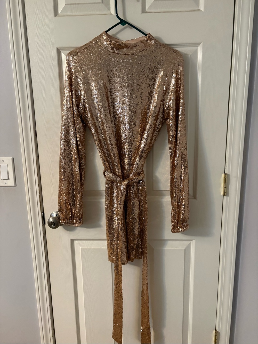 Sugarlips Rose Gold Sequin Long Sleeve Belted Mini Dress